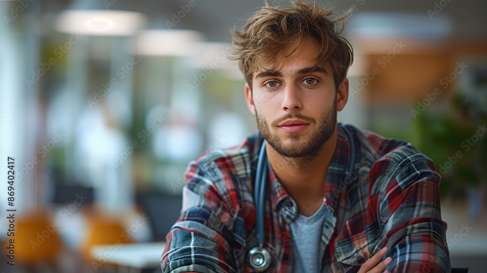 Young Male Doctor Wearing Stethoscope in Office Setting Young Male Doctor Wearing Stethoscope in Office Setting