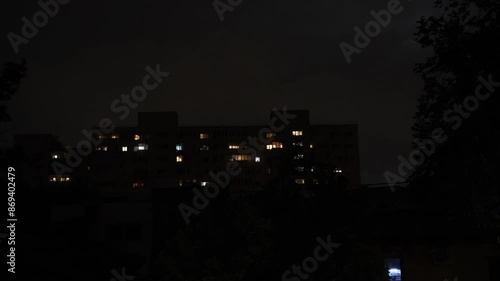 Night 4k clip with violent lightning storm in the city