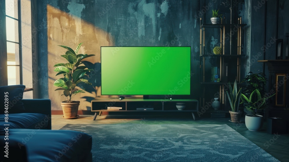 Dark room with green screen TV and cozy furniture Dark room with green screen TV and cozy furniture