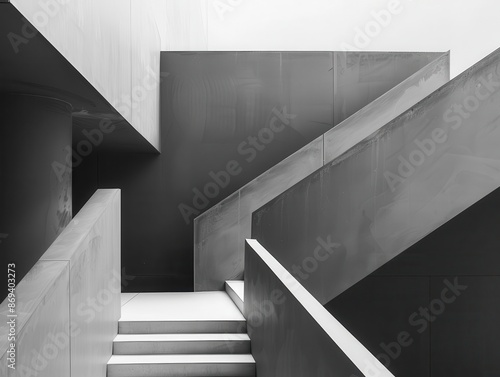 minimalist architectural staircase clean lines and geometric shapes interplay of light and shadow monochromatic palette