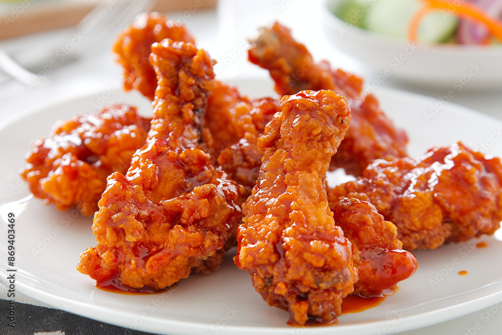 Korean Fried Chicken, twice-fried for crispy perfection. Sticky sweet & spicy sauce coats juicy, tender meat. Pickled radish adds a refreshing touch. Korean Fried Chicken, twice-fried for crispy perfection. Sticky sweet & spicy sauce coats juicy, tender meat. Pickled radish adds a refreshing touch.