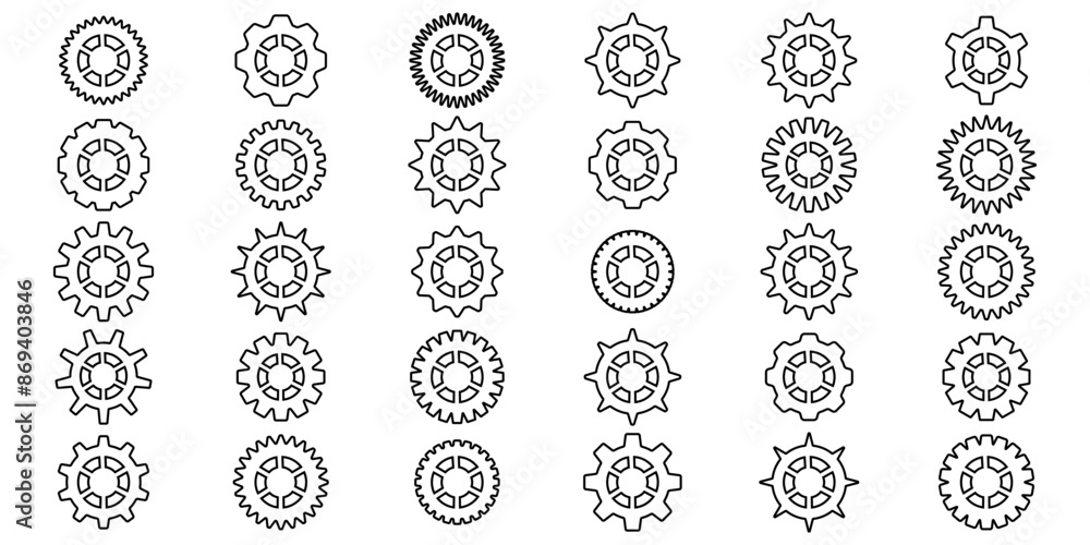 Gears icon set. Setting gears icon. Collection of mechanical outline cogwheels. Simple Gear wheel collection. Gear icons silhouette. Vector illustration with cogwheels sign set on white background. Gears icon set. Setting gears icon. Collection of mechanical outline cogwheels. Simple Gear wheel collection. Gear icons silhouette. Vector illustration with cogwheels sign set on white background.