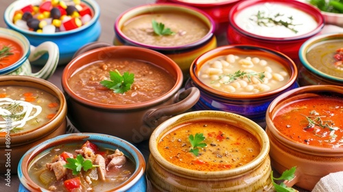 Variety Of Garnished Soups In Colorful Bowls, Comforting And Warm © AIFrames T