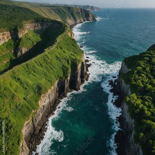 Sea cliffs covered in lush greenery.