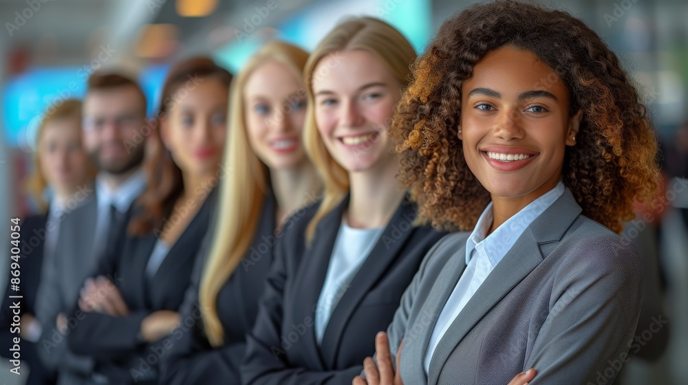 Diverse group of confident business professionals standing in a row, smiling and showcasing teamwork and unity in a modern office setting.
Diverse group of confident business professionals standing in a row, smiling and showcasing teamwork and unity in a modern office setting.