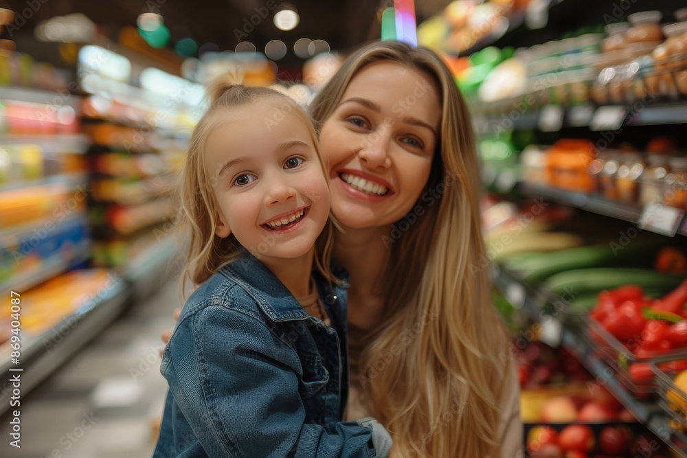 Happy mother and daughter shopping together in a supermarket, smiling and enjoying their time in the fresh produce section.
Happy mother and daughter shopping together in a supermarket, smiling and enjoying their time in the fresh produce section.