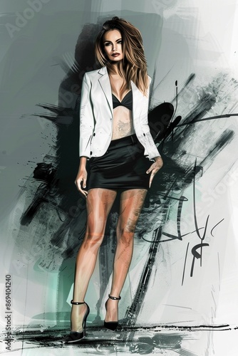 A digital artwork in a pencil sketch style, depicting a business woman in a sophisticated pencil skirt and sleek black heels, her pose radiating power against an urban backdrop.