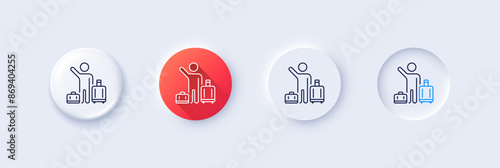 Baggage reclaim line icon. Neumorphic, Red gradient, 3d pin buttons. Airport transfer sign. Flight bags symbol. Line icons. Neumorphic buttons with outline signs. Vector