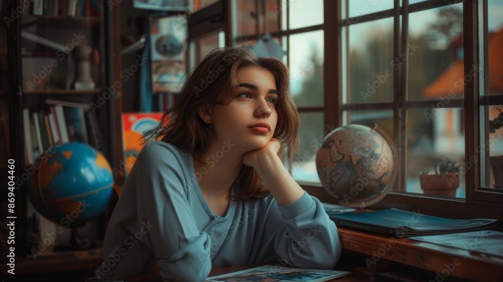 Young woman sitting by a window, gazing thoughtfully outside, surrounded by books and a globe, creating a reflective and cozy atmosphere.

