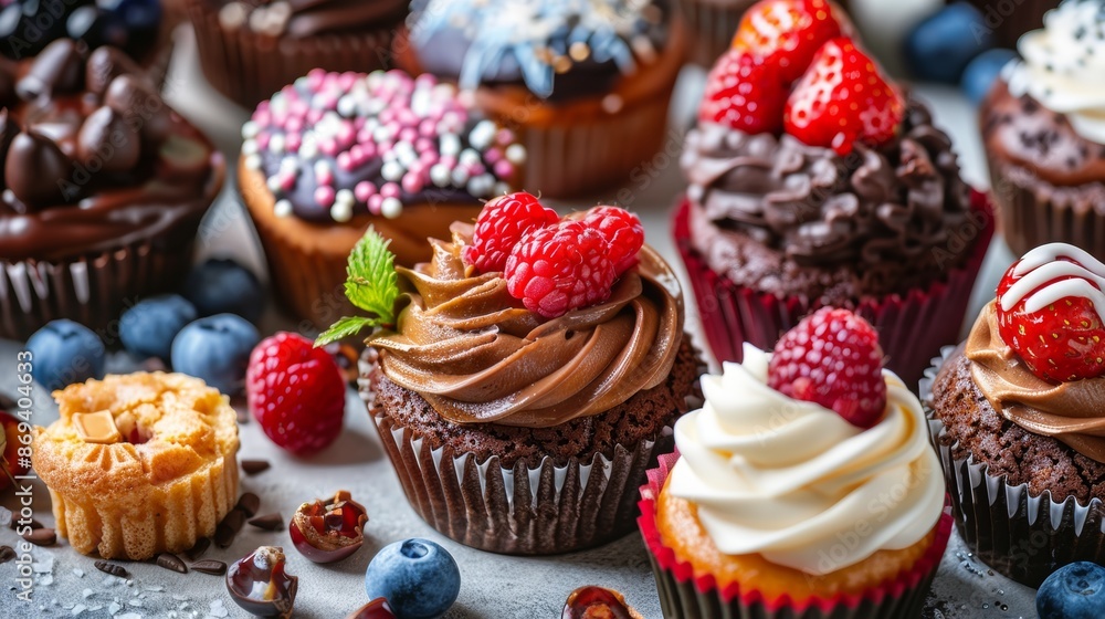 Assorted gourmet cupcakes with various toppings Assorted gourmet cupcakes with various toppings