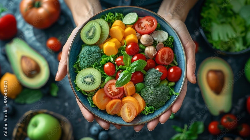 Hands holding a colorful fresh salad bowl with tomatoes, kiwi, avocado, and greens, showcasing a healthy and vibrant meal.
Hands holding a colorful fresh salad bowl with tomatoes, kiwi, avocado, and greens, showcasing a healthy and vibrant meal.