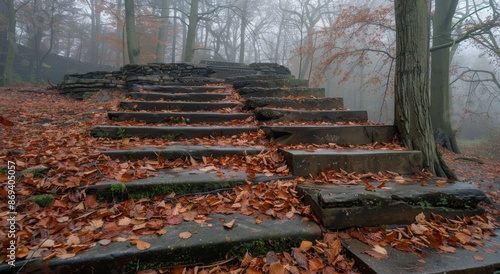 Stone Steps Leading Through Foggy Autumn Forest