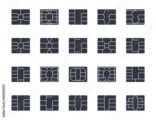 EMV chip black solid vector icons. Editable stroke. Contactless payment at terminals and ATMs. Set nfc symbol. Square computer microchips for credit debit cards. Stock illustration