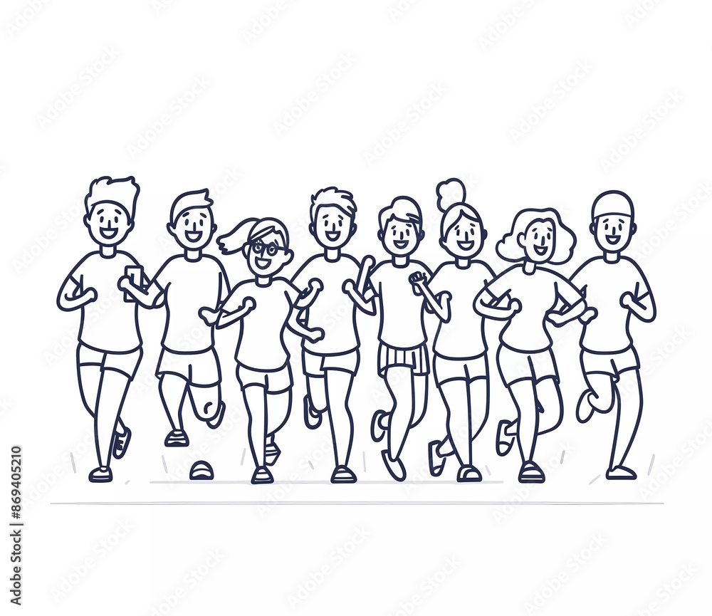 A group of people running and smiling, wearing sports in a line drawing style with simple lines on a white background in a flat, cartoon style with high resolution. A group of people running and smiling, wearing sports in a line drawing style with simple lines on a white background in a flat, cartoon style with high resolution.