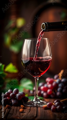 Red wine being poured into a glass with grapes in the background, creating a cozy and elegant atmosphere in a wine cellar.