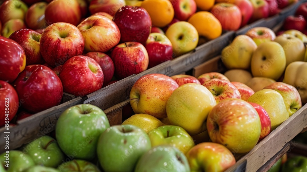 Variety of fresh apples on display at a market Variety of fresh apples on display at a market