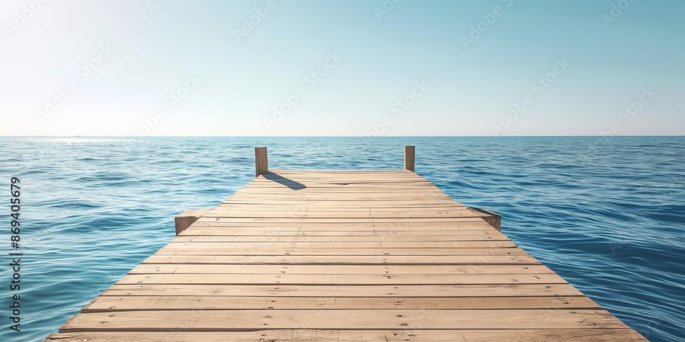 Fototapeta premium Tranquil dock extending into blue ocean water. A serene setting for relaxation, travel, and coastal themes. Ideal for backdrops and lifestyle marketing, offering a calming background.