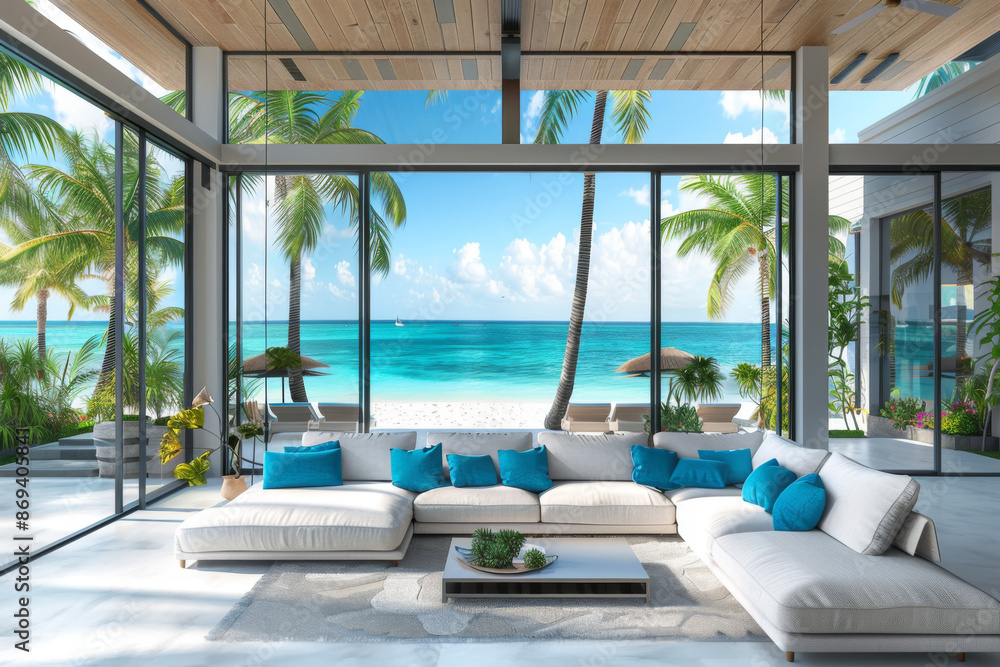 Fototapeta premium Modern Tropical Living Room with Stunning Ocean View