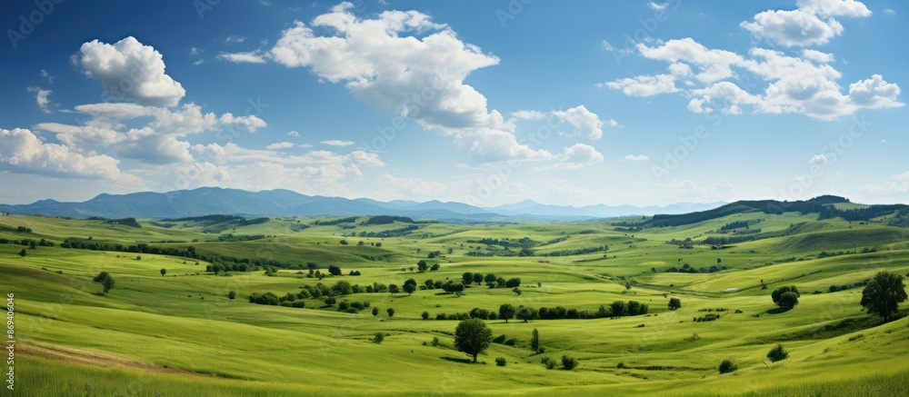 Fototapeta premium Rural view during spring cloudy blue sky