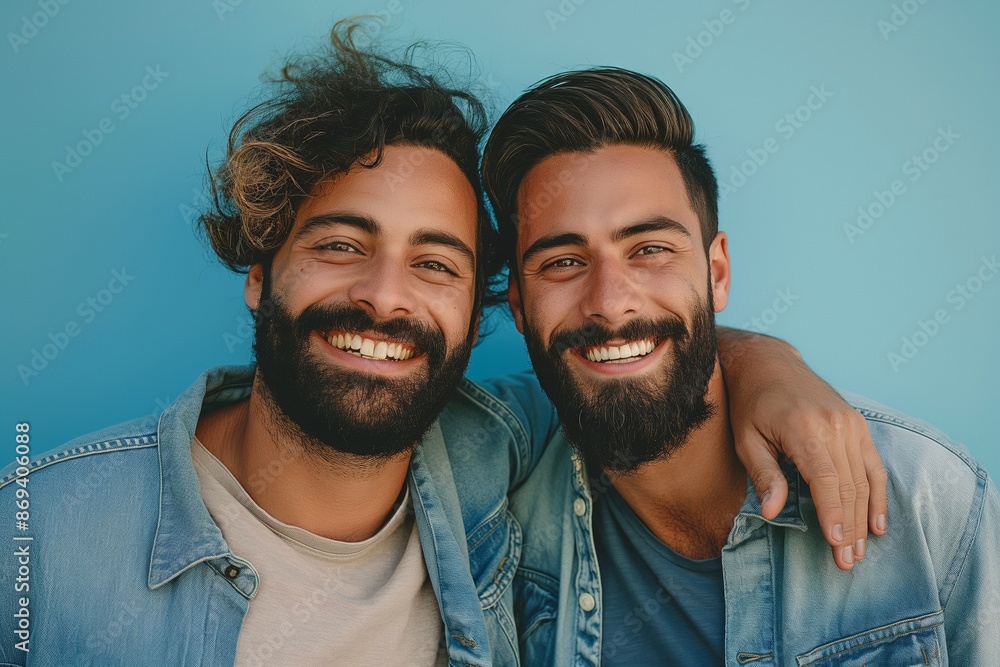 Happy gay couple in casual denim outfits. Two smiling men posing against a bright blue background, perfect for LGBTQ+ lifestyle and relationship themes. For social media, marketing, and editorial use Happy gay couple in casual denim outfits. Two smiling men posing against a bright blue background, perfect for LGBTQ+ lifestyle and relationship themes. For social media, marketing, and editorial use