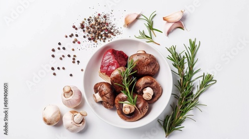 Fresh mushrooms, garlic, rosemary, and peppercorns on a white background photo