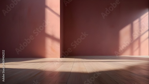 Beautiful original background image of an empty space in pink tones with a play of light and shadow on the wall and floor for design or creative work. Generative AI