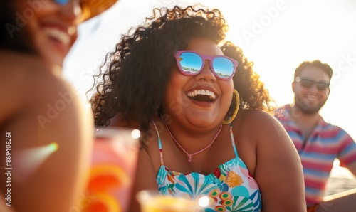 close up of a happy plus size african american woman in colorful summer dress and sunglasses laughing with friends at beach bar on sunny day with bokeh effect and bright colors with copy space