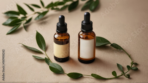 Essential oil in a glass bottle with green leaves on a wooden background, Aromatherapy essential oil in a small glass bottle with green leaves, Bottles of essential oil with green leaves on beige fabr