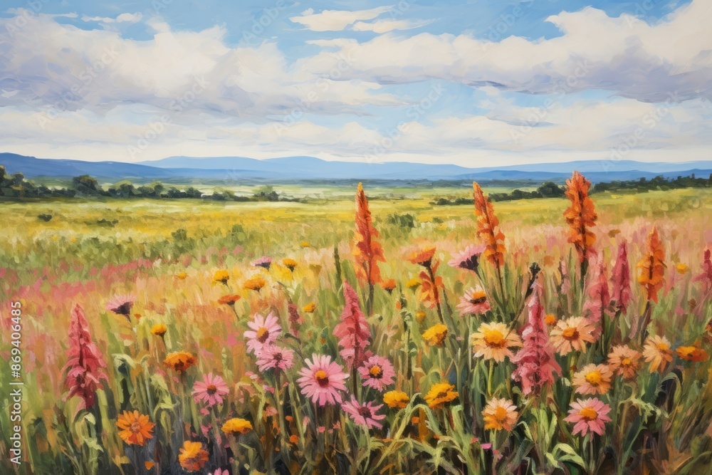 Fototapeta premium PNG Flower field while harvesting painting landscape grassland. 