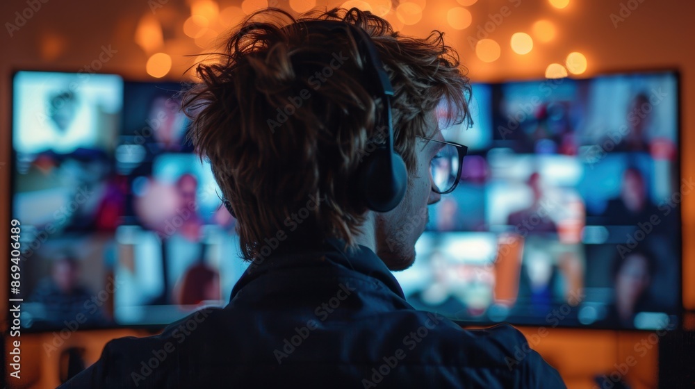 A man with headphones on, participating in a virtual meeting at night, with blurred screens and bokeh lights in the background. A man with headphones on, participating in a virtual meeting at night, with blurred screens and bokeh lights in the background.