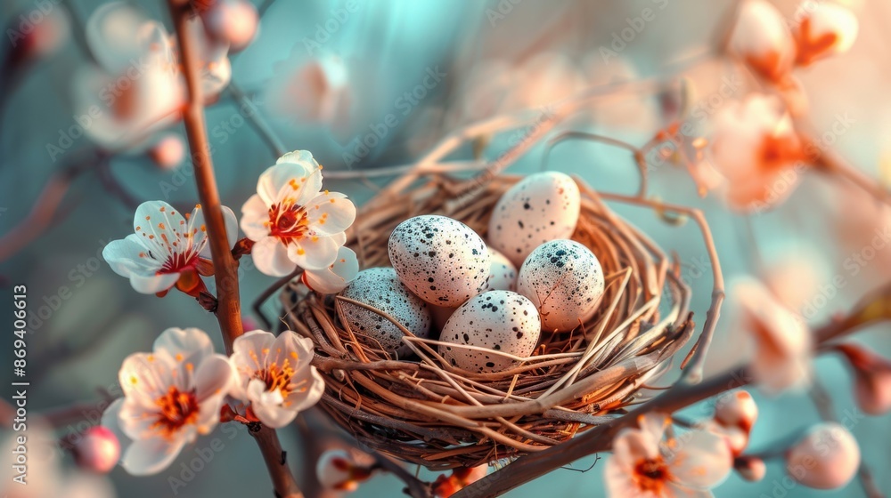 A bird nest containing speckled eggs nestled among blooming branches, capturing the beauty of spring and new beginnings. A bird nest containing speckled eggs nestled among blooming branches, capturing the beauty of spring and new beginnings.