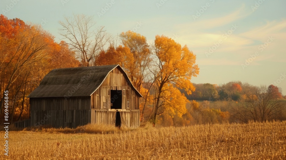 An old barn surrounded by colorful autumn trees and a scenic countryside, capturing the beauty of the fall season.