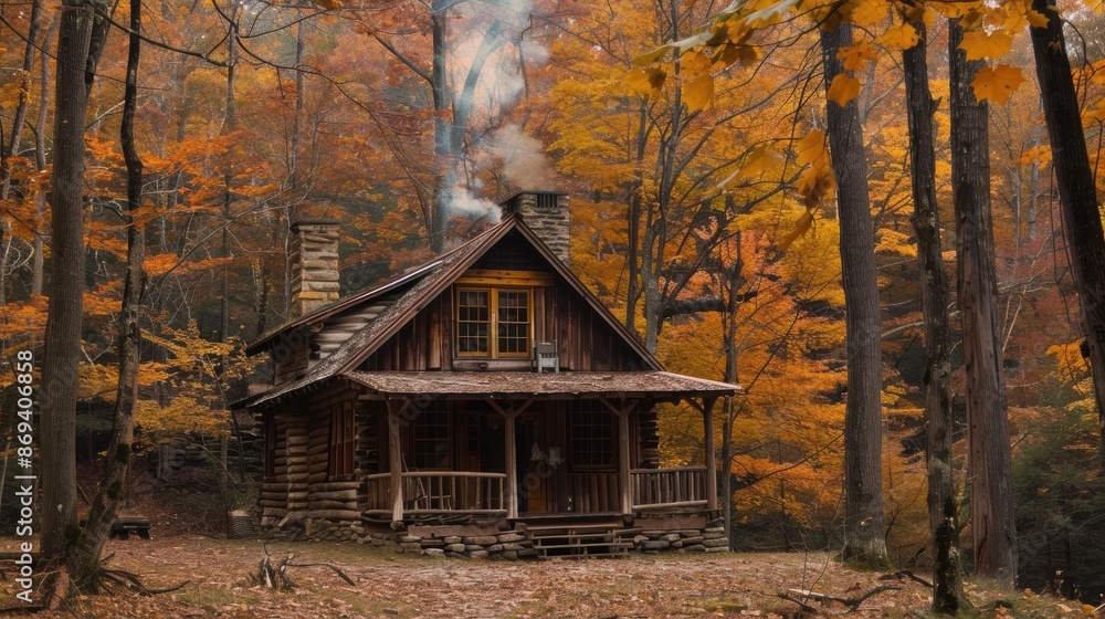 A cozy cabin nestled in an autumn forest with smoke rising from the chimney, evoking warmth and tranquility. A cozy cabin nestled in an autumn forest with smoke rising from the chimney, evoking warmth and tranquility.