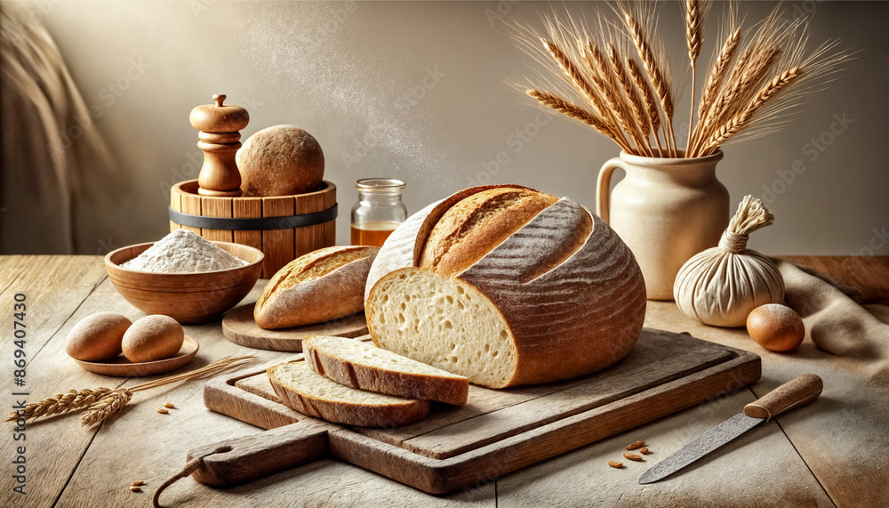 Rustic Bread with Ingredients and Wheat Stalks on Wooden Table Rustic Bread with Ingredients and Wheat Stalks on Wooden Table