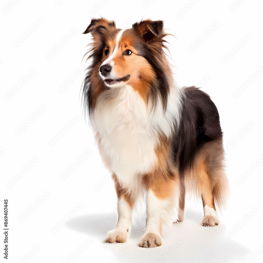 Shetland sheepdog dog-breed standing against white background, AI Generated Shetland sheepdog dog-breed standing against white background, AI Generated