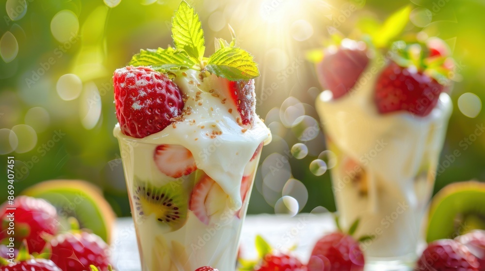 A delicious fruit parfait topped with fresh strawberries and mint, set in a bright and sunny garden, perfect for a summer treat. A delicious fruit parfait topped with fresh strawberries and mint, set in a bright and sunny garden, perfect for a summer treat.