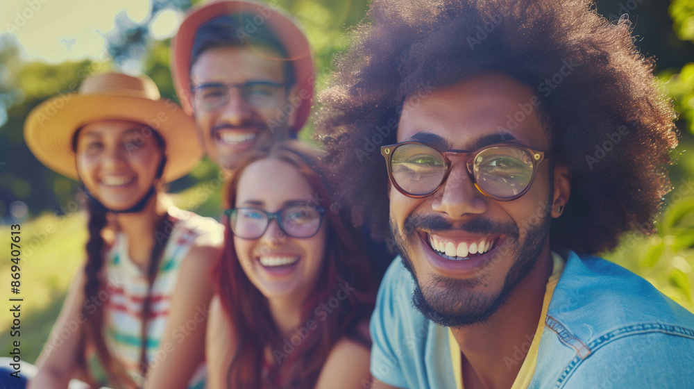 Fototapeta premium A group of diverse friends with glasses smiles warmly, enjoying a sunny day outdoors, highlighting friendship and joy.