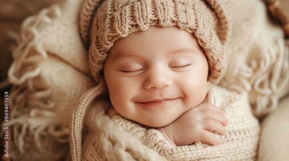 A sleeping baby wrapped in cozy blankets and wearing a knitted hat, creating a serene and heartwarming scene. A sleeping baby wrapped in cozy blankets and wearing a knitted hat, creating a serene and heartwarming scene.