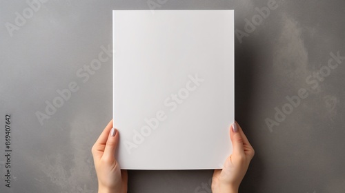 Blank magazine cover being held by hands on a plain gray background.