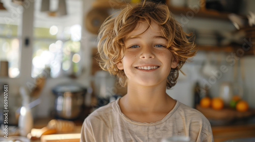 A cheerful boy with tousled hair smiles warmly while standing in a cozy kitchen, creating a welcoming and homey atmosphere.
