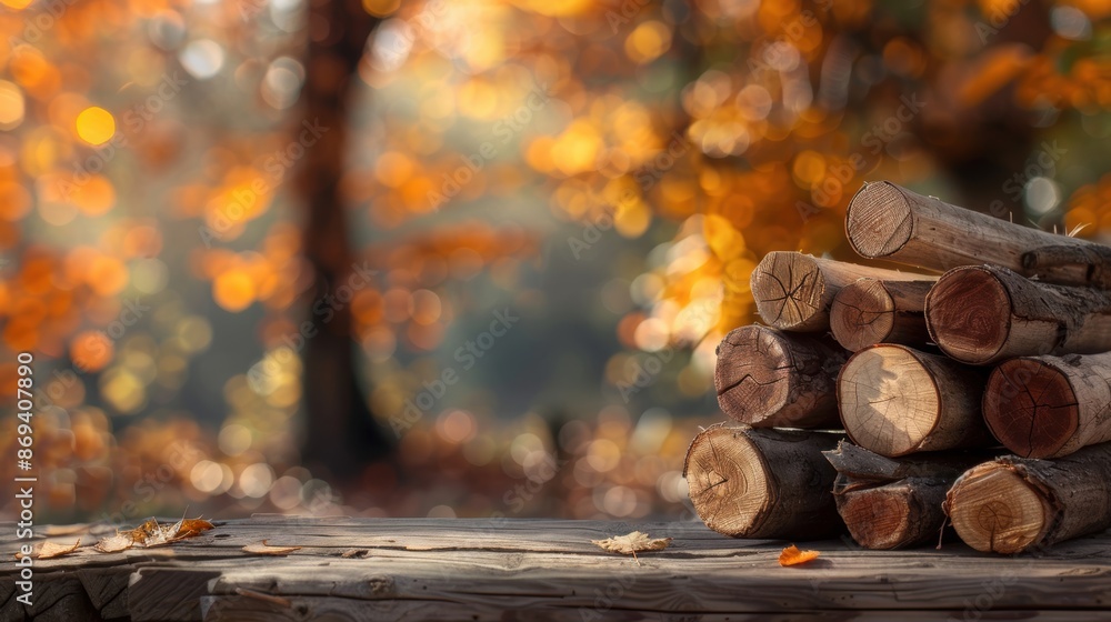 Stack of firewood on a wooden table in an autumn forest, with vibrant fall foliage and warm light creating a cozy outdoor scene.