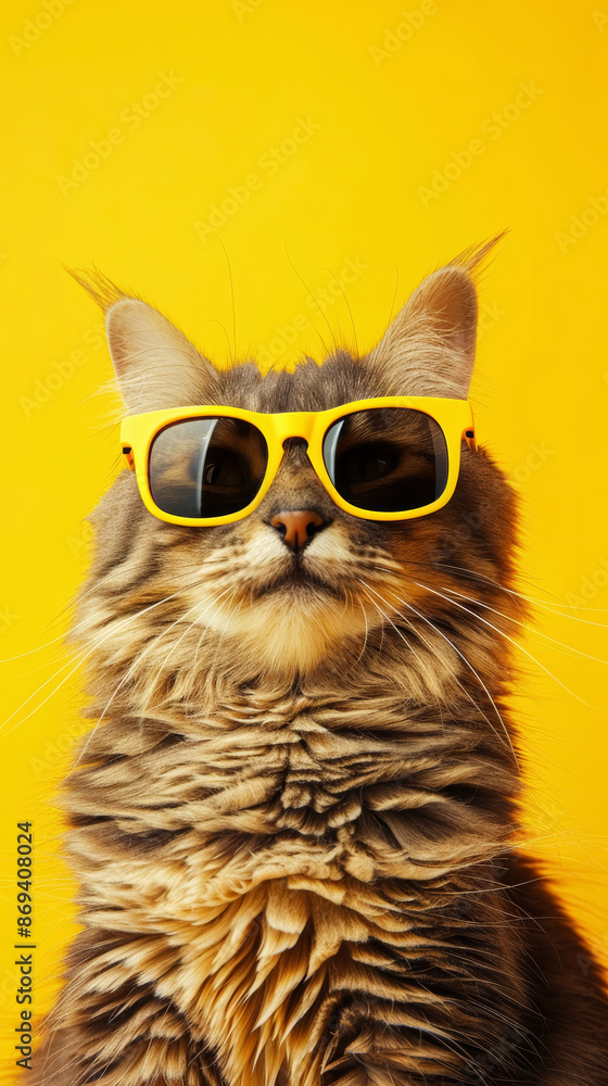 Fototapeta premium Cool fluffy cat with yellow sunglasses on yellow background.