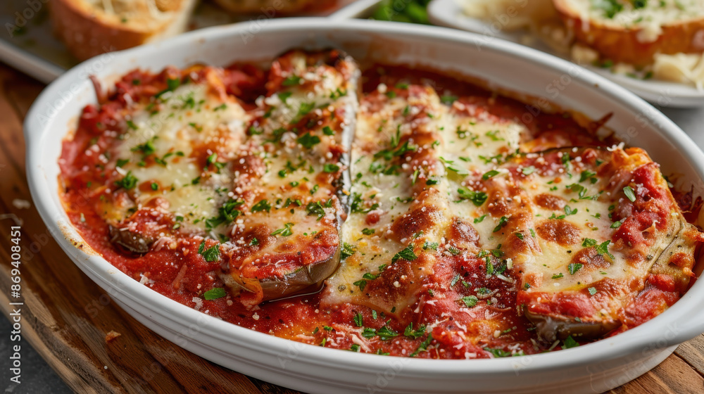 Baked Eggplant Parmesan with Tomato Sauce and Cheese Garnished with Fresh Parsley in White Baking Dish Baked Eggplant Parmesan with Tomato Sauce and Cheese Garnished with Fresh Parsley in White Baking Dish
