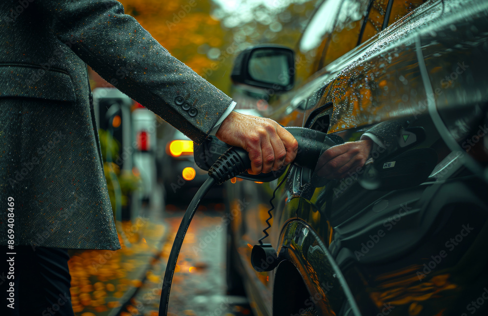 A man is plugging his car into a charging station A man is plugging his car into a charging station