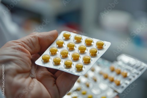 senior woman holding pills, opioids and prescription drugs crisis  photo