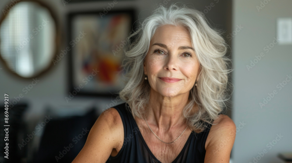Portrait of a gray-haired woman on a dark background. Beautiful adult woman posing for the camera in a bright room. Beauty and fashion concept. Portrait of a gray-haired woman on a dark background. Beautiful adult woman posing for the camera in a bright room. Beauty and fashion concept.