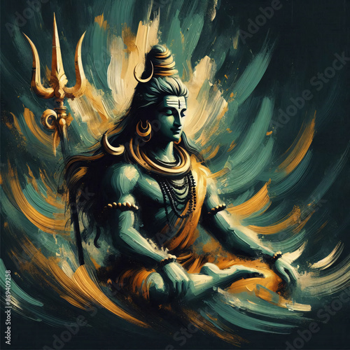 modern green and golden oil paint brush stroke art of lord shiva sitting with trishul photo