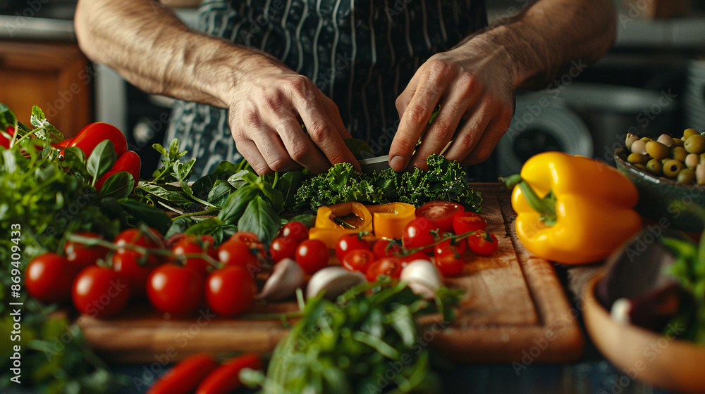 Chef preparing a fresh salad with organic ingredients on a cutting board Chef preparing a fresh salad with organic ingredients on a cutting board