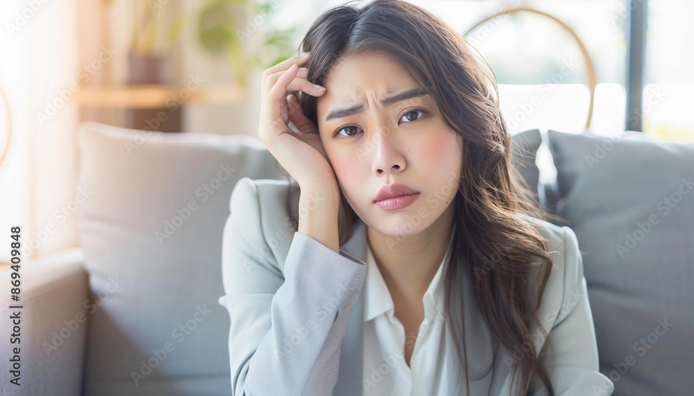 A stressful business woman sitting on a sofa and suffering from headache with hand holding her head A stressful business woman sitting on a sofa and suffering from headache with hand holding her head
