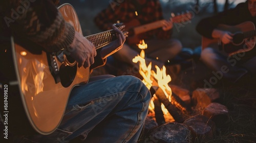 Four friends strumming guitars around a campfire, enjoying a musicfilled night at a forest campsite AIG62 photo